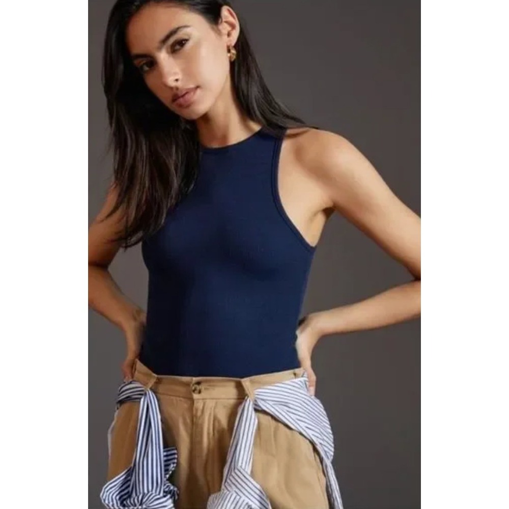 FAVORITE DAUGHTER Perfect Bodysuit Navy Blue Ribbed High Neck Women's Size M NWT